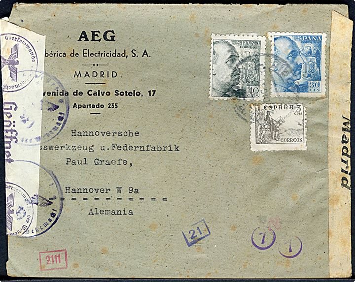 5 cts. Rytter, 30 cts. og 40 cts. Franco på brev fra Madrid d. 22.12.1942 til Hannover, Tyskland. Lokal spansk censur fra Madrid og åbnet af tysk censur i München 