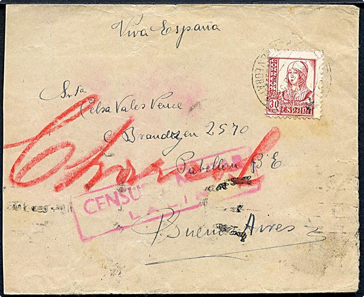 30 cts. Isabel på brev annulleret med svagt stempel .... / (Pontevedra) d. 27.2.1938 via Vigo-Cambio (Pontevedra) d. 1.3.1938 til Buenes Aires, Argentina. Lokal spansk censur fra Lalin (?).