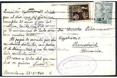 5 cts. og 40 cts. på brevkort fra Barcelona d. 29.1.1940 til Remscheid, Tyskland. Lokal spansk censur fra Barcelona.