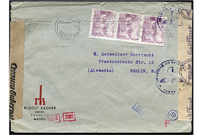 25 cts. Franco i 3-stribe på brev fra Madrid d. 5.5.1942 til Berlin, Tyskland. Åbnet af lokal spansk censur i Madrid og tysk censur i München.