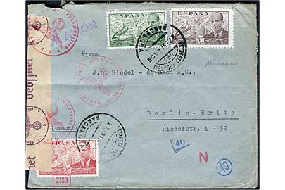 25 cts., 50 cts. og 2 pts. Luftpost på luftpostbrev fra Barcelona d. 27.1.1944 til Berlin, Tyskland. Lokal spansk censur fra Barcelona og åbnet af tysk censur i München.