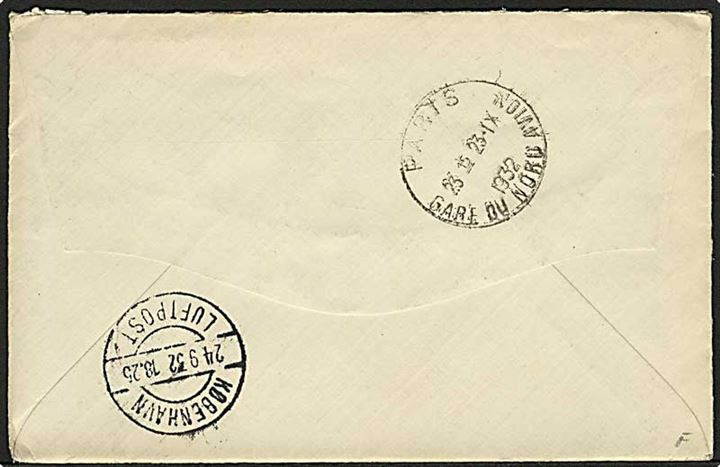 3 c. Washington, 5 c. Los Angeles OL og 5 c. Winged Globe på 13 cents frankeret luftpostbrev fra Fresno d. 13.9.1932 via Paris og København Luftpost til Tisvildeleje, Danmark.