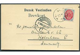 3 cents Tofarvet omv. rm. på brevkort (Government Hill, St. Thomas) fra skonnerten “Ingolf” stemplet St. Thomas d. 4.12.1900 til København. Ank.stemplet d. 21.12.1900.
