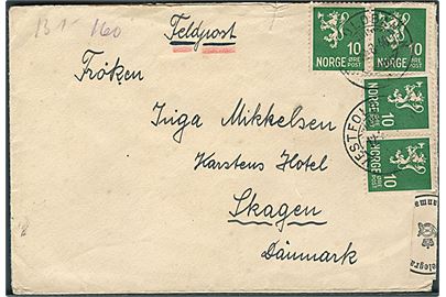 10 øre Løve (4) på brev påskrevet “Feldpost” stemplet Vestfoldbanen d. 12.8. 1940 til Skagen, Danmark. Fra tysk soldat ved Feldpost nr. 38020 = Infanterie-Krad-MG-Kompanie MG-Bataillon 4 stationeret i Sydnorge. Åbnet af dansk censur.