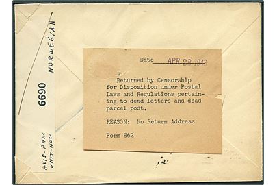 30 cents Winged Globe på luftpostbrev fra Lynn d. 11. 12.1941 til Oslo, Norge. Åbnet af amerikansk censur og overgivet til Dead Letter Office med meddelelse Form 862 fra censuren pga. No Return Address. Påskrevet “Axis Priv Unit 402”. Muligvis fremsendt efter krigen.