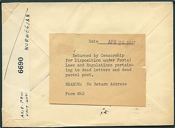30 cents Winged Globe på luftpostbrev fra Lynn d. 11. 12.1941 til Oslo, Norge. Åbnet af amerikansk censur og overgivet til Dead Letter Office med meddelelse Form 862 fra censuren pga. No Return Address. Påskrevet “Axis Priv Unit 402”. Muligvis fremsendt efter krigen.