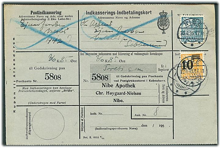 25 øre Karavel og 10/30 øre Provisorium på retur Indkasserings-Indbetalingskort fra Nibe d. 30.4.1935 til Sebbersund.