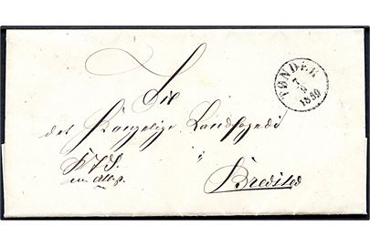1859. Ufrankeret tjenestebrev mærket K.d.S.m.Attest stemplet antiqua Tondern d. 7.9.1859 til Bredsted.