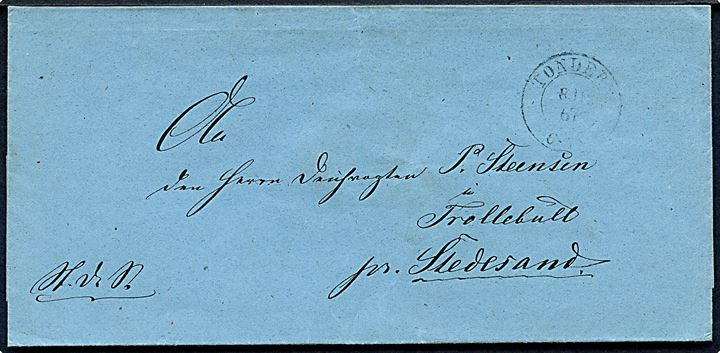 1867. Ufrankeret tjenestebrev med 2-ringsstempel Tondern d. 8.11.1867 til Trollebüll pr. Stedesand.