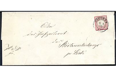 1 gr. Stort Brystskjold på brev annulleret Tondern d. 3.1.1873 til Lech.