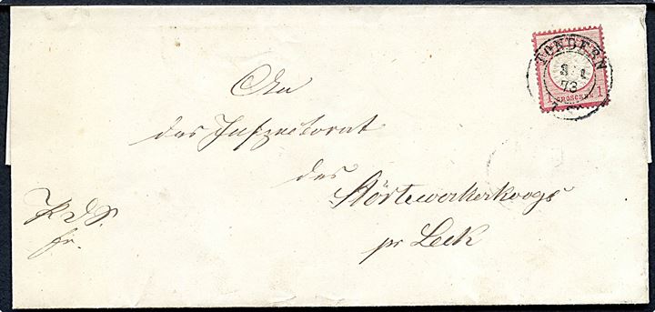 1 gr. Stort Brystskjold på brev annulleret Tondern d. 3.1.1873 til Lech.