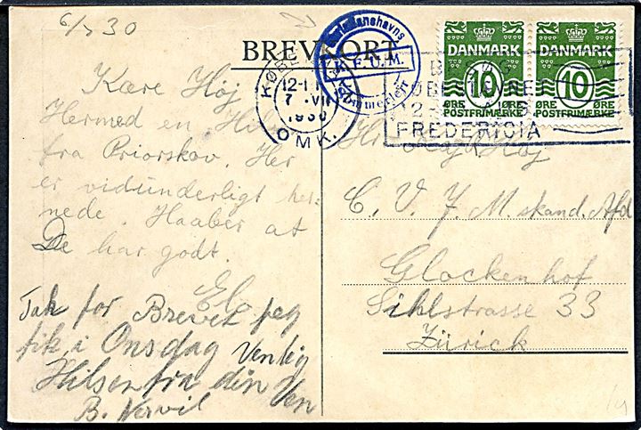 10 øre Bølgelinie i parstykke på brev fra KFUM Sommerlejr på Priorskov stemplet København d. 7.7.1930 til Zürich, Schweiz. Blåt stempel: Københavns K.F.U.M. Sommerlejr.