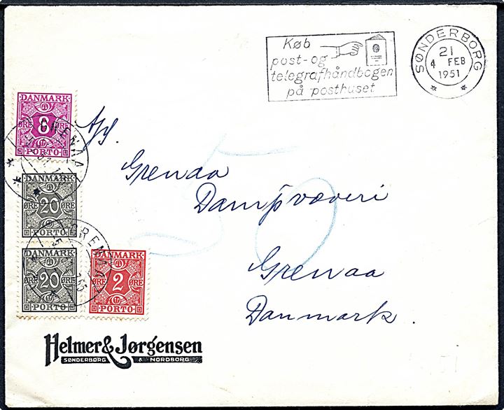 Ufrankeret brev fra Sønderborg d. 4.2.1951 til Grenaa. Udtakseret i porto med 2 øre, 8 øre og 20 øre (par) Portomærke stemplet Grenaa d. 5.2.1951.