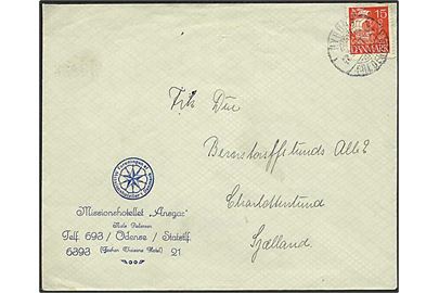 15 øre Karavel på brev fra Odense annulleret med bureaustempel Nyborg - Fredericia T.24 d. 22.9.1930 til Charlottenlund.
