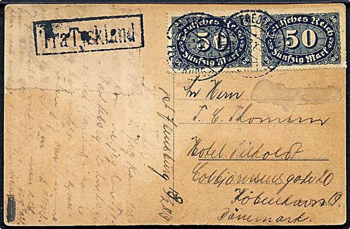Tysk 50 mk. Infla udg. i parstykke på brevkort fra Flensburg annulleret med dansk bureaustempel Fredericia - Flensborg sn3 T.937 (?) d. 18.2.1923 til København. Fugtskadet.