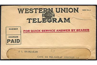Western Union Telegram og kuvert fra Grayling d. 28.3.1923 til dansk passager ombord på S/S Hellig Olav i Hoboken, N.J. Kuvert revet.