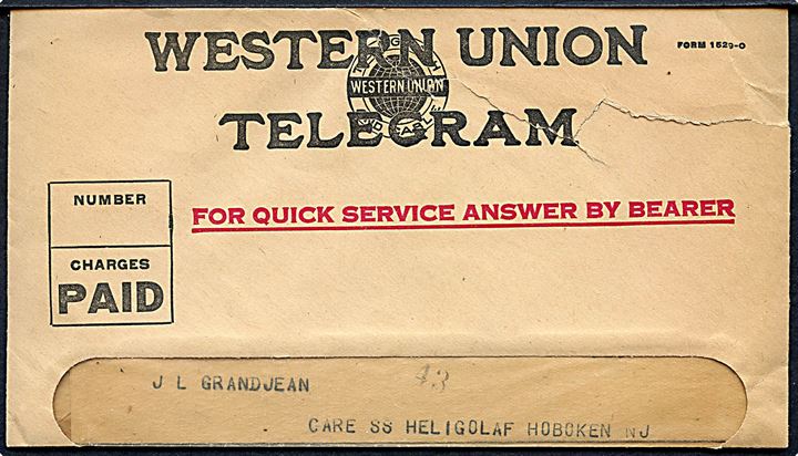 Western Union Telegram og kuvert fra Grayling d. 28.3.1923 til dansk passager ombord på S/S Hellig Olav i Hoboken, N.J. Kuvert revet.