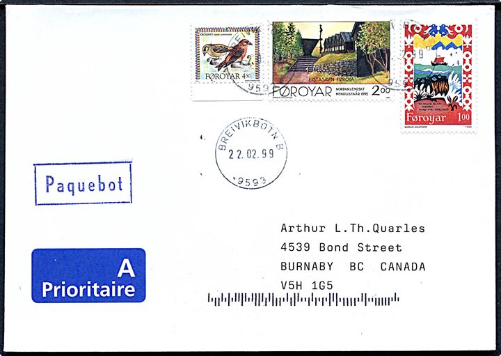 1 kr., 2 kr. og 4,50 kr. på luftpostbrev annulleret med norsk stempel i Breivikbotn d. 22.2.1999 og sidestemplet Paquebot til Burnaby, Canada.
