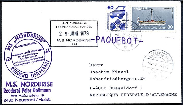 Tysk 30 pfg. og 60 pfg. på filatelistisk skibsbrev annulleret med grønlandsk stempel i Sukkertoppen d. 6.7.1979 og sidestemplet Paquebot til Düsseldorf, Tyskland. Flere stempler.