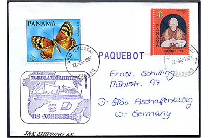 Panama ½ c. og 17 c. på skibsbrev annulleret med grønlandsk stempel i Ilulissat / Saqqaq d. 22.6.1989 og sidestemplet Paquebot  til Aschaffenburg, Tyskland. 