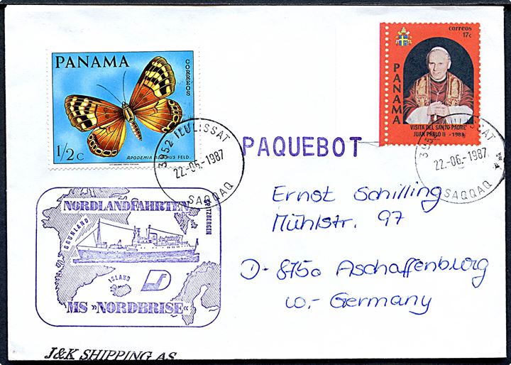 Panama ½ c. og 17 c. på skibsbrev annulleret med grønlandsk stempel i Ilulissat / Saqqaq d. 22.6.1989 og sidestemplet Paquebot  til Aschaffenburg, Tyskland. 