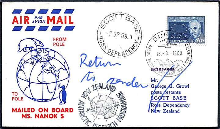 60 øre Niels Bohr på luftpostbrev fra Dundas d. 18.8.1969 via Scott Base Ross Dependency d. 2.9.1969 til Hamburg , Tyskland. Sjovt Pol til Pol brev.