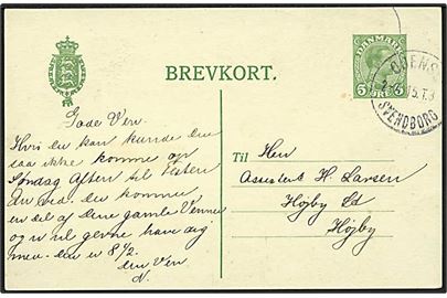 5 øre Chr. X helsagsbrevkort annulleret med bureaustempel Odense - Svendborg T.3 d. 2.4.1915 til Højby.
