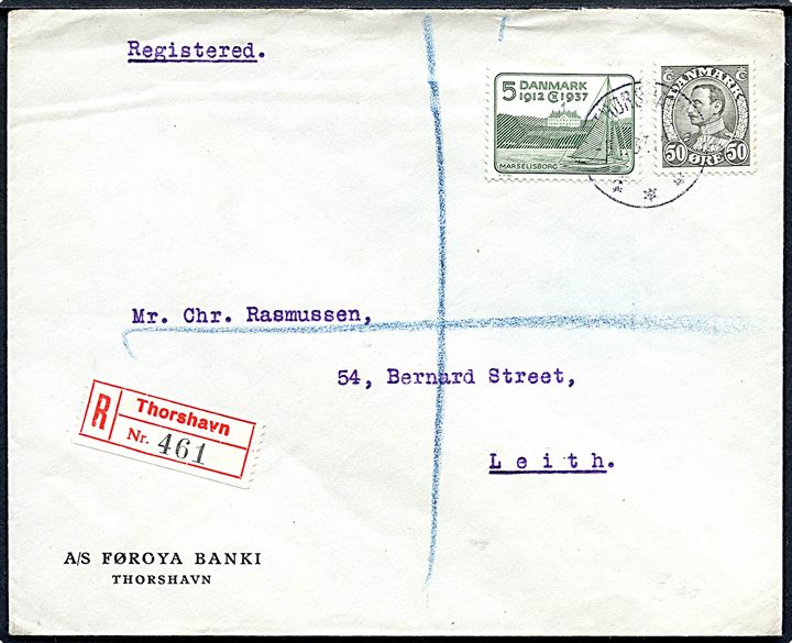 5 øre Regentjubilæum og 50 øre Chr. X på anbefalet brev fra Thorshavn d. 3.7.1937 til Leith, Scotland.