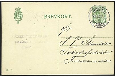 5 øre Chr. X helsagsbrevkort (fabr. 42-C) fra Svendborg annulleret med bureaustempel Odense - Svendborg T.16 d. 7.8.1918 til Fredericia.