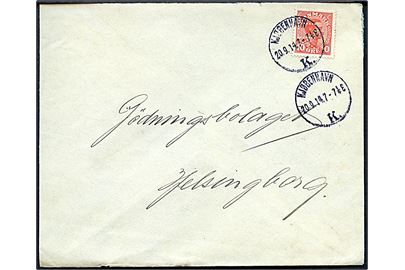 10 øre Chr. X med perfin T.K. på firmakuvert fra Theo. Kliatschko i Kjøbenhavn d. 20.9.1914 til Helsingborg, Sverige.