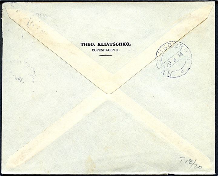 10 øre Chr. X med perfin T.K. på firmakuvert fra Theo. Kliatschko i Kjøbenhavn d. 20.9.1914 til Helsingborg, Sverige.