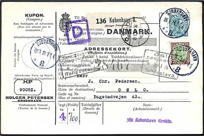 60 øre og 70 øre Chr. X med perfin HP på internationalt adressekort for pakke fra firma Holger Petersen annulleret Kjøbenhavn 8 d. 26.1.1926 til Oslo, Norge. 