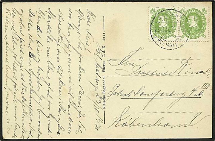 5 øre Chr. X 60 år i parstykke på brevkort fra Gl. Estrup annulleret med bureaustempel Randers - Ryomgaard T.1099 d. 23.10.1930 til København.