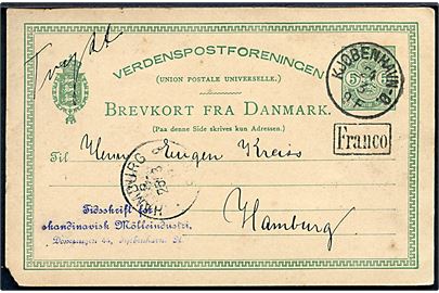 5 øre Våben helsagsbrevkort anvendt som tryksag med lapidar Kjøbenhavn-Ø. d. 24.3.1887 til Hamburg. Utydelig påskrift Trykt og rammestempel Franco. Lille hj.skade.