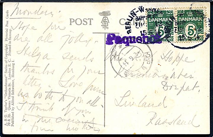 5 øre Bølgelinie i parstykke på brevkort annulleret med tysk bureaustmpel Berlin - Warnemünde Zug 12 d. 15.5.1914 og sidestemplet Paquebot til Dorpat, Livland, Rusland. 