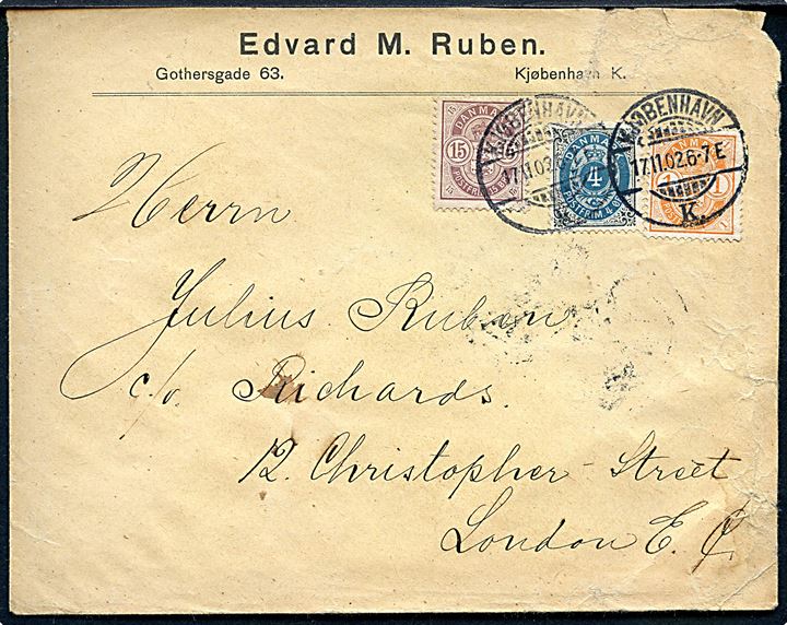 1 øre, 15 øre Våben og 4 øre Tofarvet på brev fra Kjøbenhavn d. 17.11.1902 til London, England.