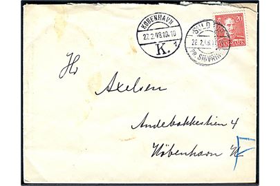 20 øre Chr. X på brev annulleret med pr.-stempel Suldrup pr. Støvring d. 26.2.1948 til København.
