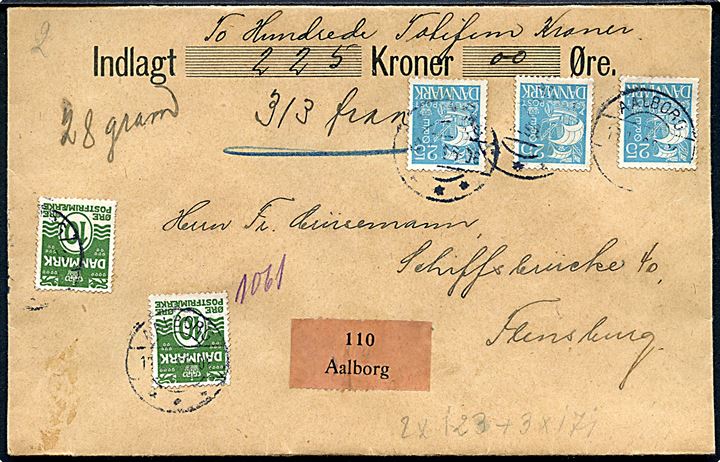10 øre Bølgelinie (2) og 25 øre Karavel (3) på 95 øre frankeret værdibrev fra Aalborg d. 19.4.1929 til Flensburg, Tyskland.