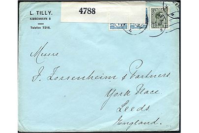 4 øre Bølgelinie i parstykke og 12 øre Chr. X på brev fra Kjøbenhavn 1918 til Leeds, England. Åbnet af britisk censur no. 4788.