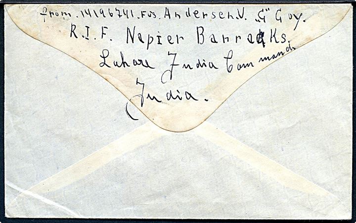 Indisk 1½ As. George VI på Forces Air Mail brev fra dansk frivillig soldat, Andersen, i britisk tjeneste ved R.I.F. Napier Barracks, Lahore, India til Nakskov, Danmark. Utydelig dato, men antagelig fra tiden omkring 1946, hvor danske frivillige i den britiske hær gjorde tjeneste rundt omkring i imperiet.