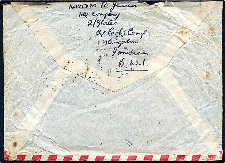 Jamaica ½d og 2d George VI på underfrankeret forces Air Mail brev fra Kingston d. 25.2.1947 til Nakskov, Danmark. Jamaica porto stempel. Fra dansk frivillig soldat, Jensen, i 2/Glosters i Up Park Camp, Jamaica. Interessant tjenestested, men noget forrevet.