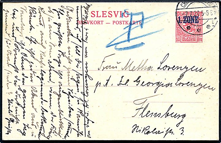10 øre 1. Zone helsagsbrevkort fra Christiansfeld d. 7.7.1920 til Flensburg. Udtakseret i porto, som igen er blevet annulleret.