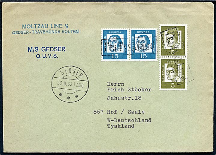 Tysk 5 pfg. (par) og 15 pfg. (par) på skibsbrev fra M/S Gedser annulleret med skibsstempel Fra Tyskland og sidestemplet Gedser d. 23.8.1963 til Hof, Tyskland.