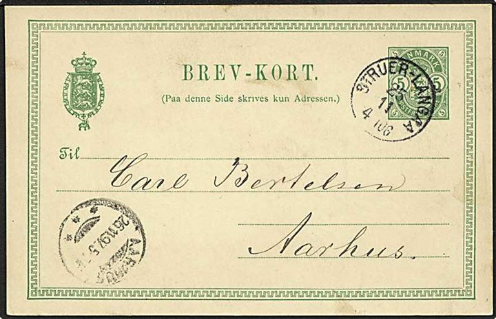 5 øre Våben helsagsbrevkort annulleret med lapidar bureaustempel Struer - Langaa TOG 4 d. 25.11.1897 til Aarhus.