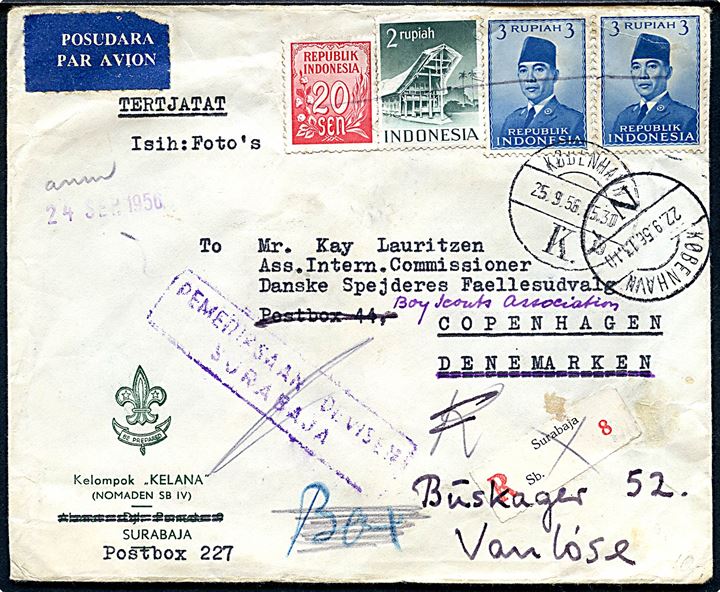8,20 r. blandingsfrankeret fortrykt spejderkuvert sendt som anbefalet luftpost fra Surabaja 1956 til Danske Spejderes Fællesudvalg i København, Danmark - eftersendt. 