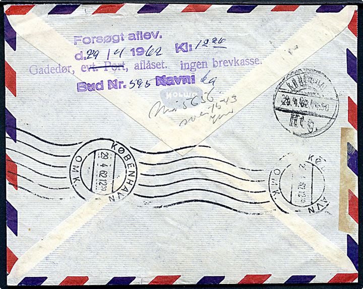Amerikansk 45 c. frankeret ekspres luftpostbrev fra Miami d. 27.4.1962 til København, Danmark. Ank.stemplet med sjældent brotype Vd København Htg. d. 29.4.1962.