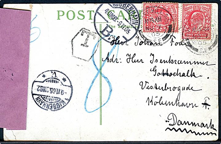 1d Edward VII (2) på brevkort (The Crystal Palace med glimmer) sendt underfrankeret fra Forest Hills d. 7.11.1905 til København, Danmark. Udtakseret i 8 øre porto og påsat forespørgselsetiket fra Vesterbro Postkontor.