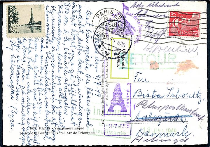 Fransk 15 f. og Eifel Tårn etiket på brevkort fra Paris d. 9.7.1949 til Aalsgaarde, Danmark - eftersendt til Helsingør med 2-sproget retur etiket Ubekendt.
