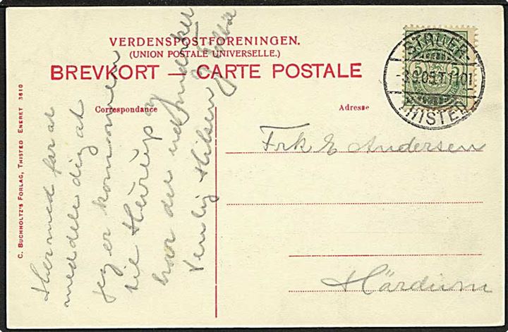 5 øre Våben på brevkort annulleret med bureaustempel Struer - Thisted T.1101 d. 3.9.1905 til Hordum.