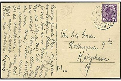 15 øre Chr. X på brevkort fra Tønder annulleret med bureaustempel Sønderborg - Tønder sn1 T.1402 d. 31.8.1922 til København.